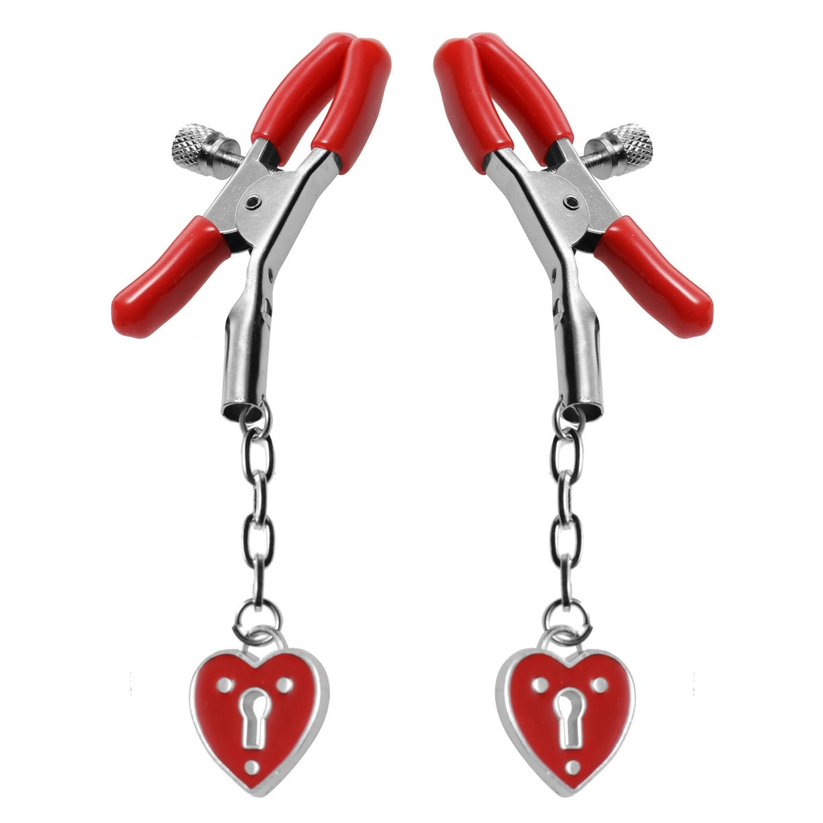 Master Series Captive Heart Padlock Nipple Clamps Red Silver Simply Pleasure