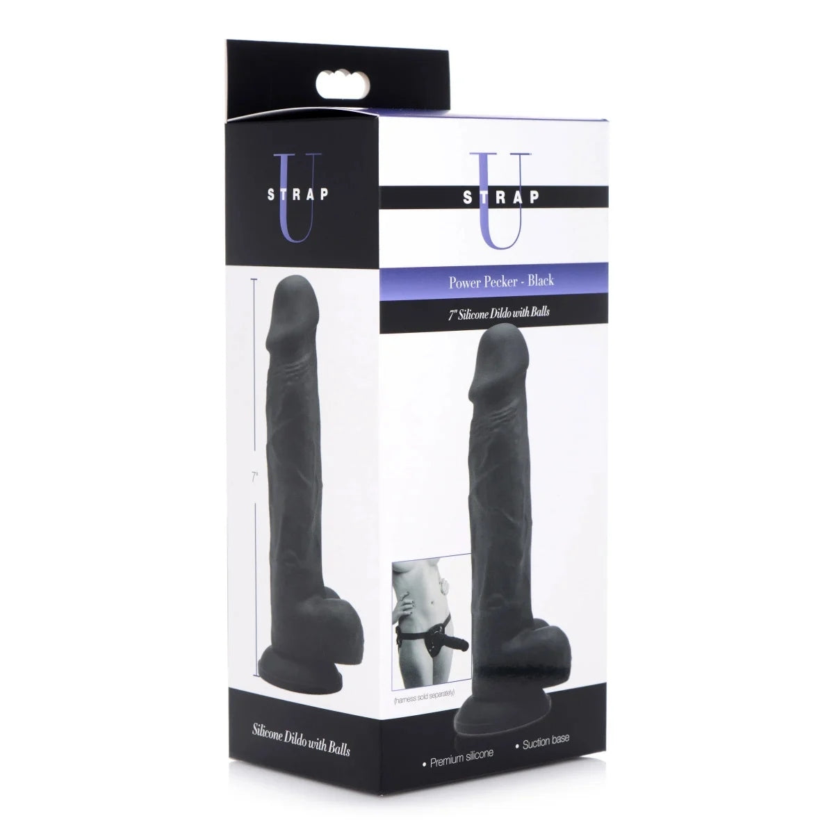 Strap U Power Pecker Silicone Dildo With Balls Black 7 Inch