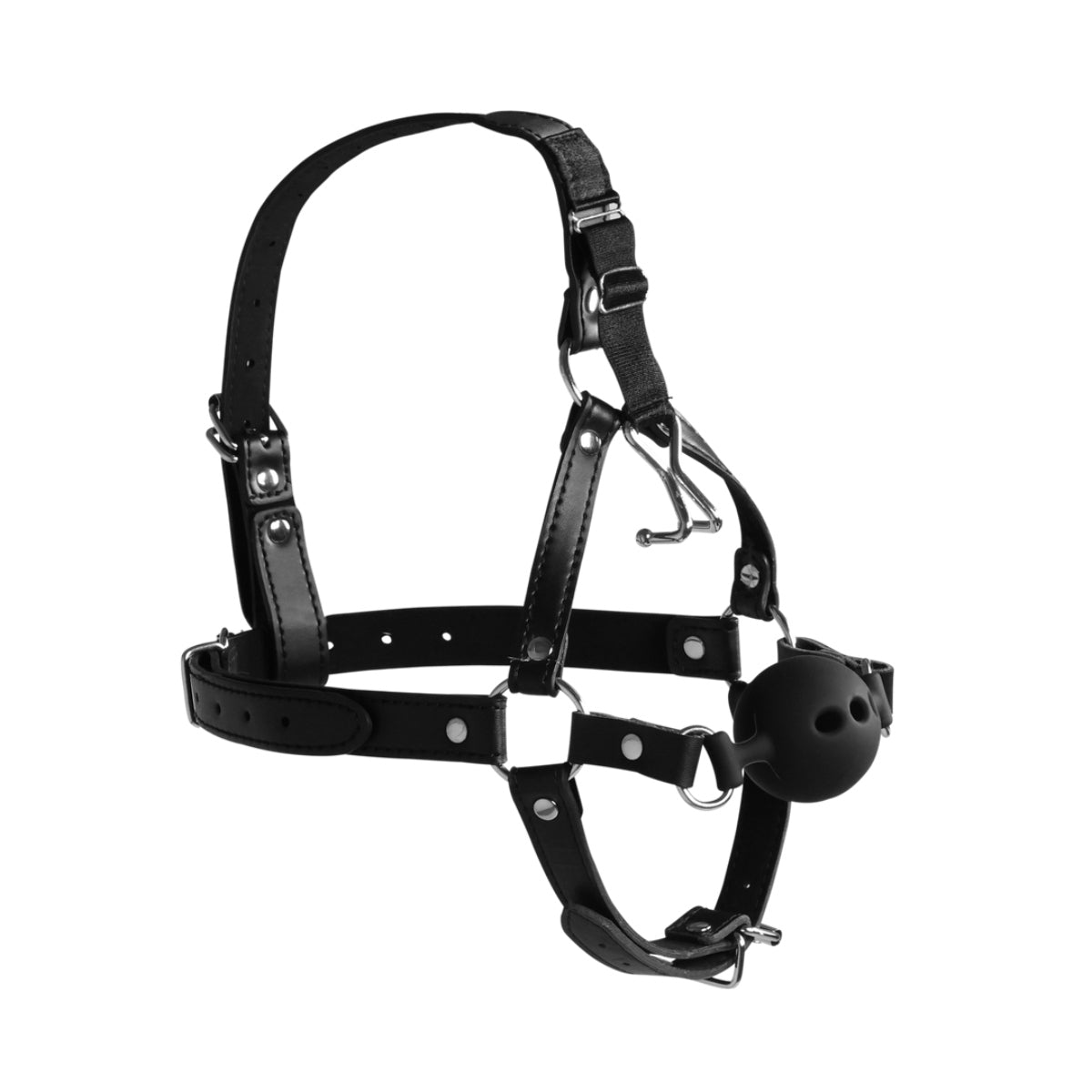 Ouch Xtreme Head Harness With Breathable Ball Gag & Nose Hooks Black