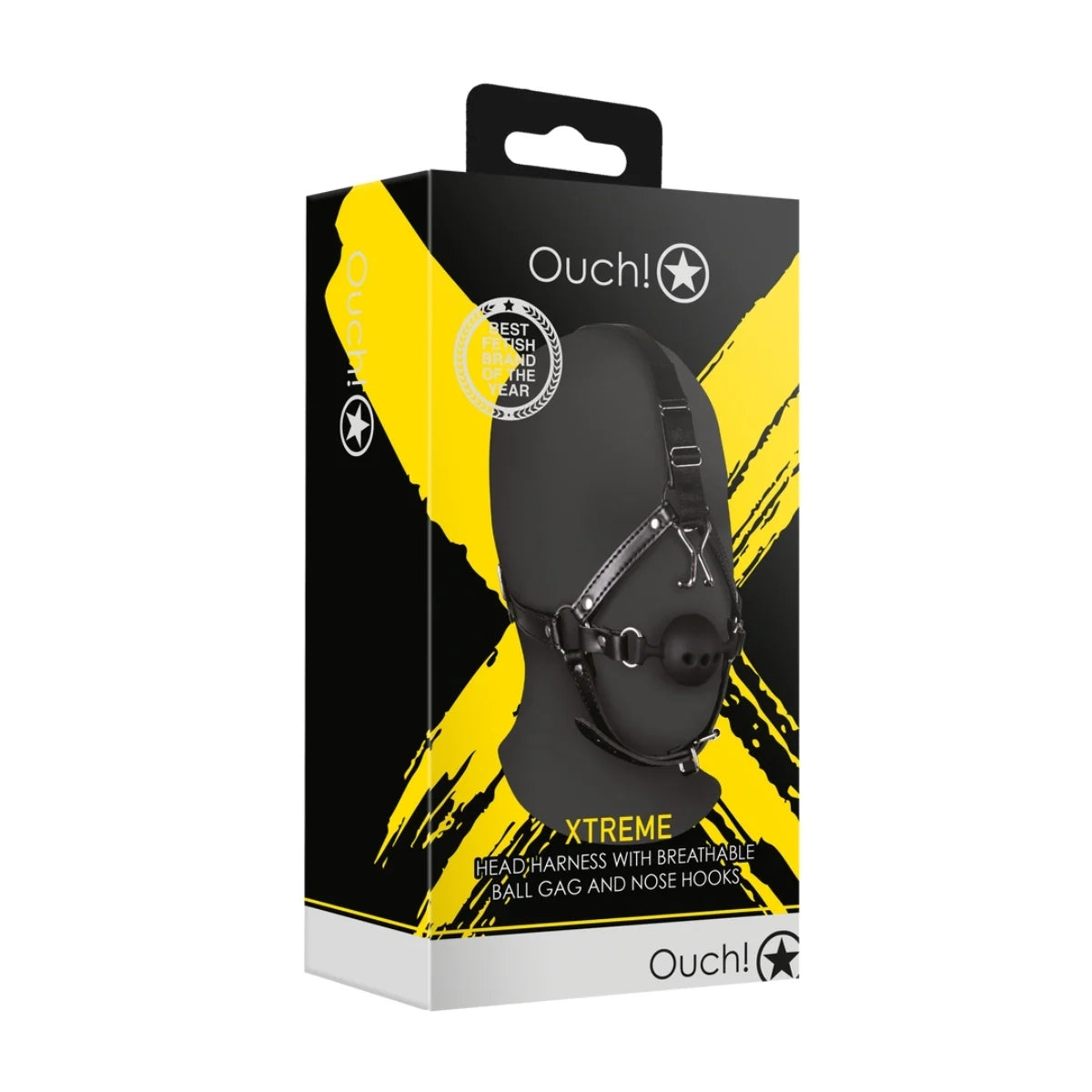 Ouch Xtreme Head Harness With Breathable Ball Gag & Nose Hooks Black